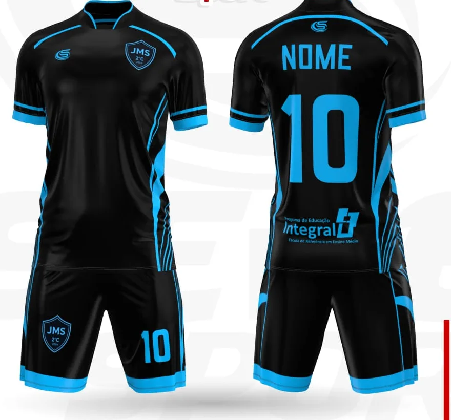 Uniforme personalizado do time EREM JMS: frente e costas da camisa, com shorts, escudo e numeração.