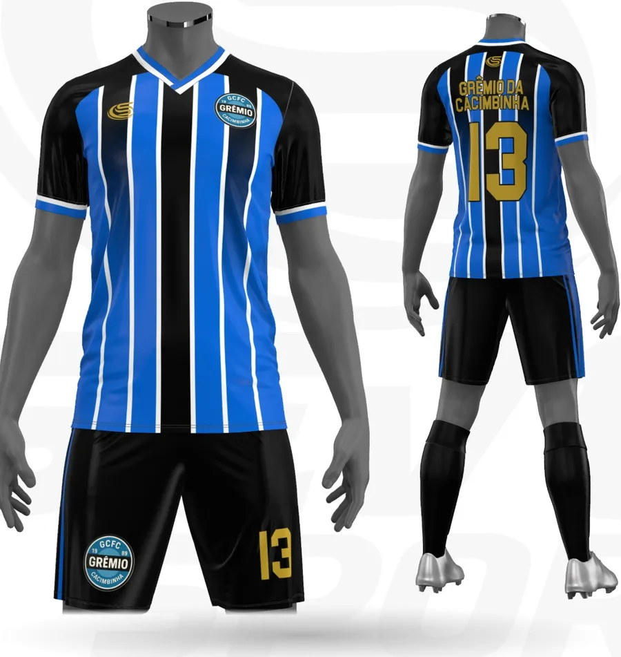 Uniforme personalizado do time Grêmio Cacimbinha: frente e costas da camisa, com shorts, escudo e numeração.
