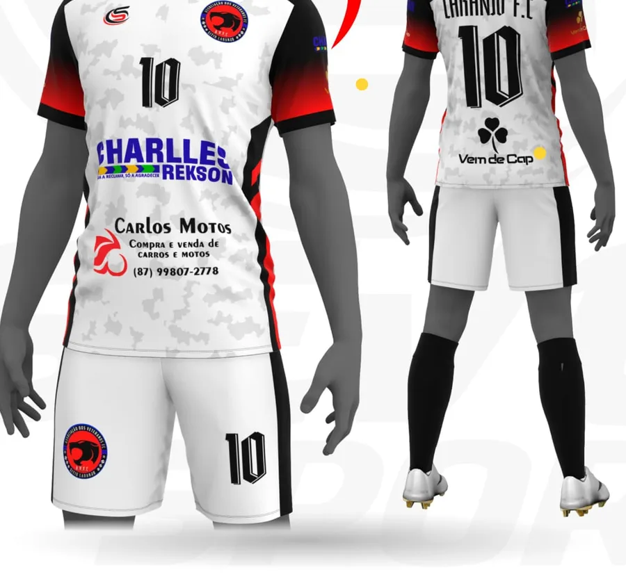 Uniforme personalizado do time Laranjo FC: frente e costas da camisa, com shorts, escudo e numeração.