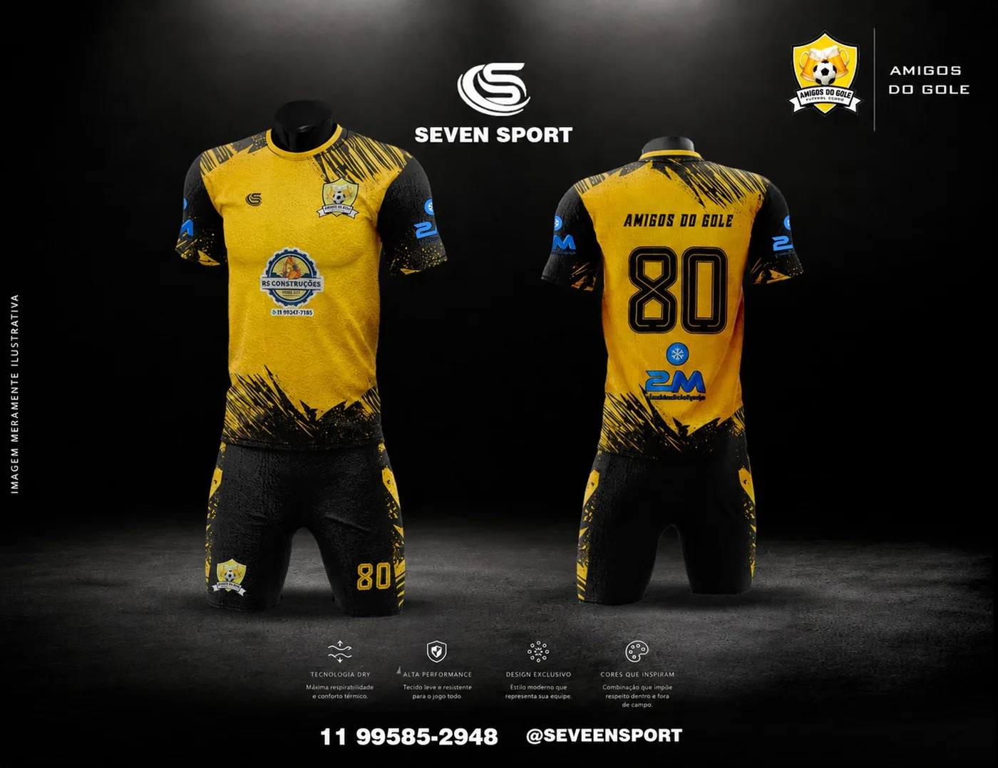 Arte digital do uniforme do time Amigos do Gole: frente e costas lado a lado, com escudo, patrocinadores, nome e número, do jeito que a Seven Sport envia no WhatsApp antes de produzir.